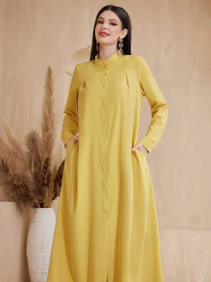 Spring Autumn Muslim Long Dresses Women Single-breasted Yellow Dress Abayas Clothing