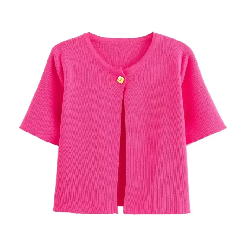 Women Thin Knitted Short Top Casual Solid O-Neck Short Sleeves Single Button Sweater