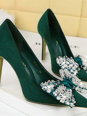 Women 9cm High Heels Butterfly Knot Bow Pumps Lady Green Bling Crystal