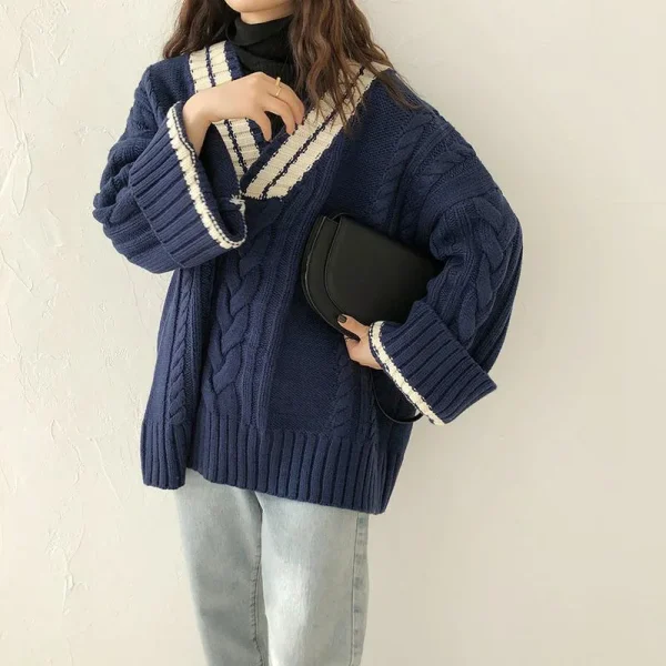 Oversize Sweet Women Sweaters Long Sleeve V Neck Vintage Lazy Wind Knitted - Image 5
