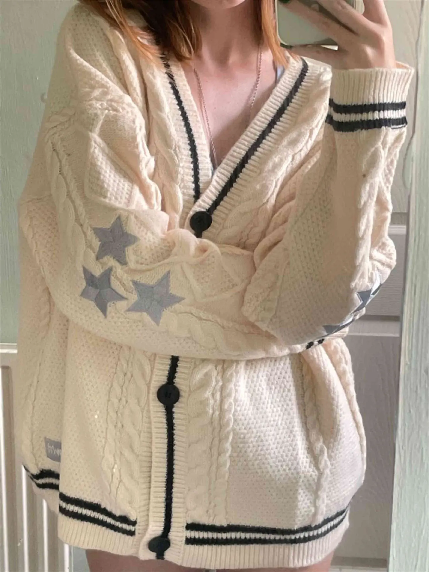 Star Loose Sweaters for Women Long Sleeve Single Breasted Oversize Knitted Cardigans - Image 2
