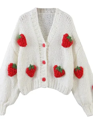 Autumn Womens Hand-crocheted Strawberry Knitted Cardigan Loose Sweater Coat