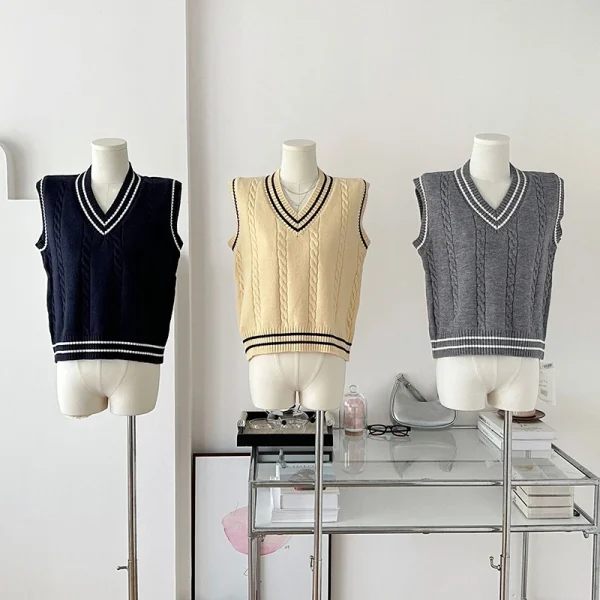 Women Autumn Preppy Style Knitted Vest Striped Vintage Sleeveless Sweater - Image 5