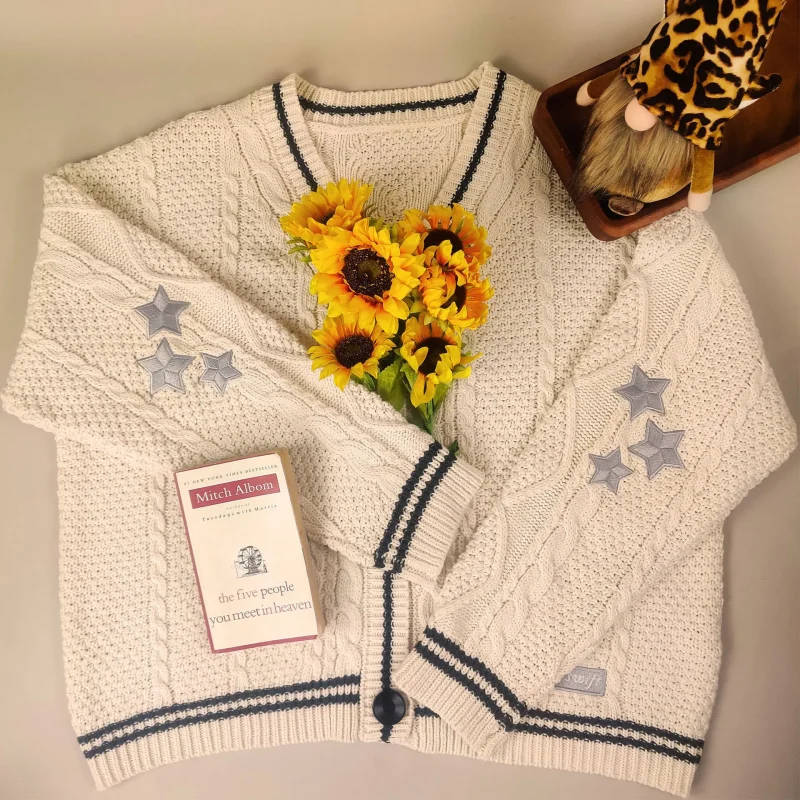 Star Loose Sweaters for Women Long Sleeve Single Breasted Oversize Knitted Cardigans