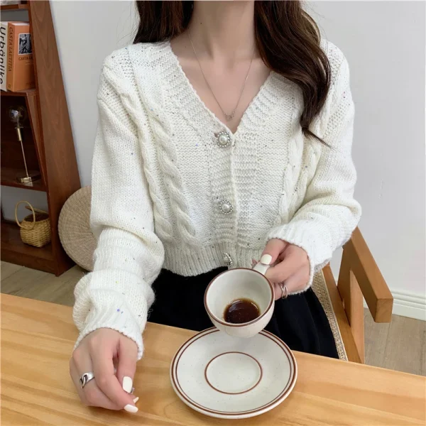 Cardigan Women Sweet Long Sleeve Cropped Elegant Knitted Sweaters Coat - Image 4