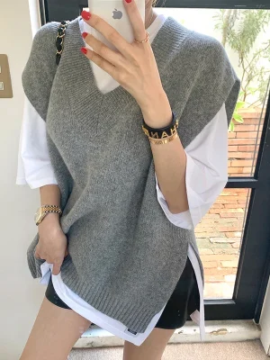 Sweater Vest Women Loose Korean V Neck Slit Harajuku Grey Knitted Vest Fall Vintage