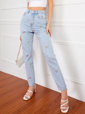 Autumn Winter Women Embroidery Denim Loose Straight Pants