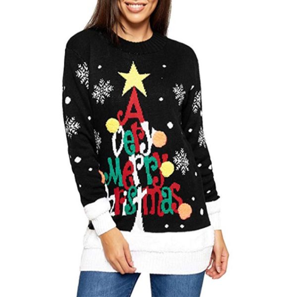 Women’s Letter Graphic Jacquard Christmas Tree Sweater - Image 2