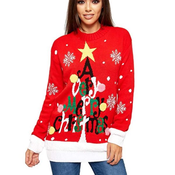 Women’s Letter Graphic Jacquard Christmas Tree Sweater