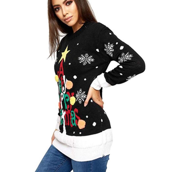 Women’s Letter Graphic Jacquard Christmas Tree Sweater - Image 3