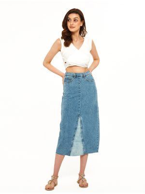 Summer High-Waist Color Matching Denim Long Skirt for Women