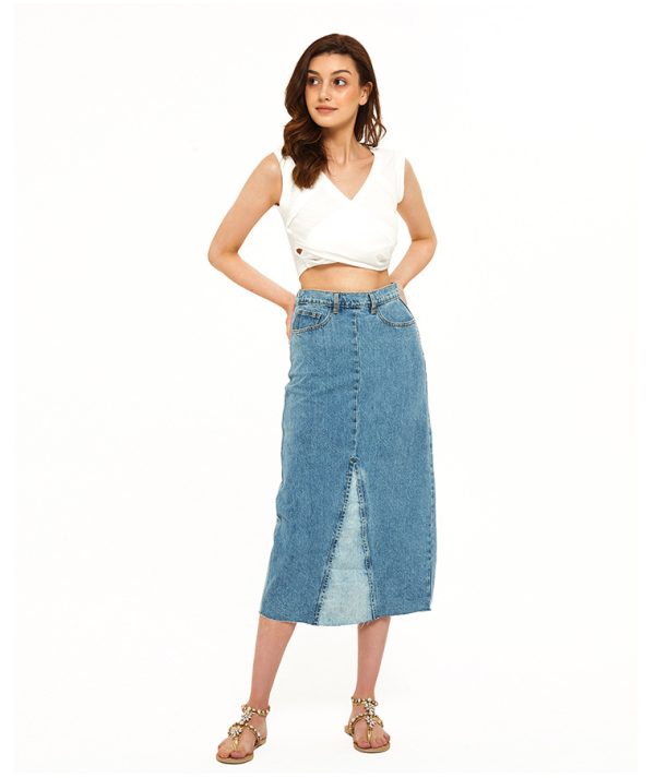 Summer High-Waist Color Matching Denim Long Skirt for Women