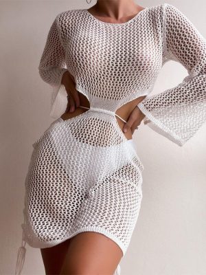 Sexy Hollow-Out Knitted Long Sleeve Bikini Beach Sun Dress