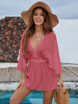 Summer Bikini Beach Dress Sun Protection V Neck Long Sleeves