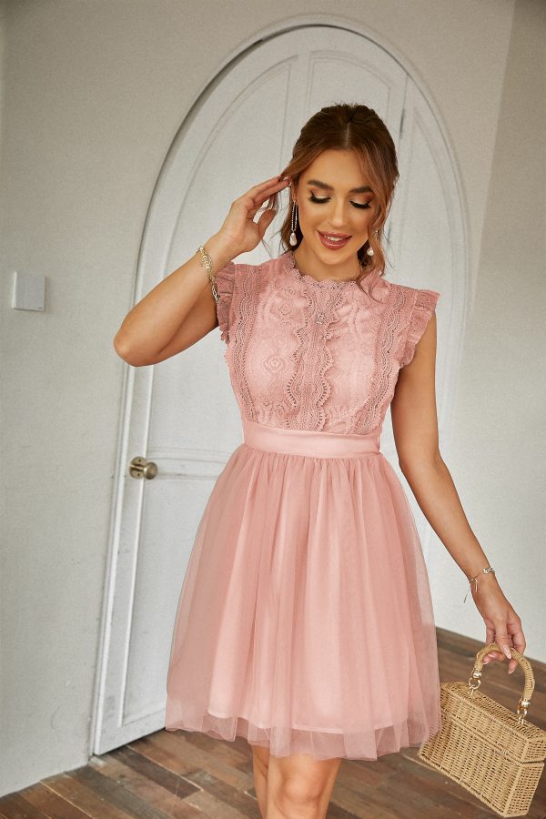 Women’s Summer Short Sleeve Lace Tulle Elegant Dress with Round Neck