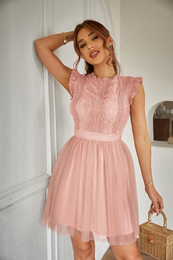 Women’s Summer Short Sleeve Lace Tulle Elegant Dress with Round Neck - Image 2