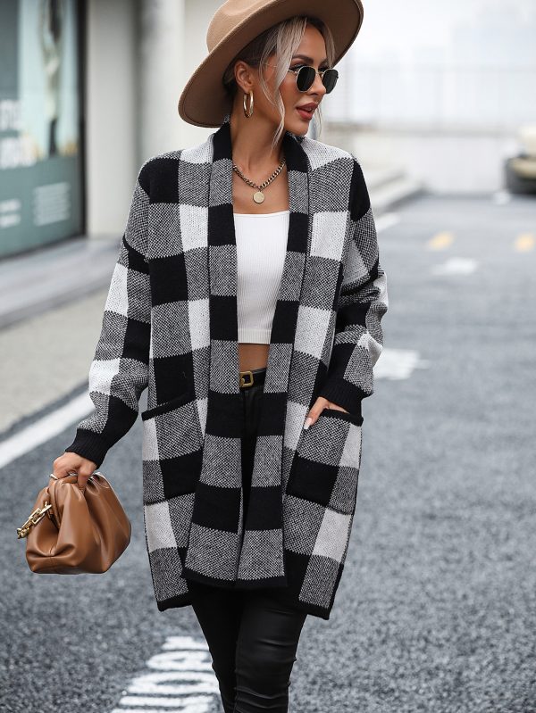 Women’s Loose Plaid Color Stitching Knitted Cardigan Sweater - Image 9