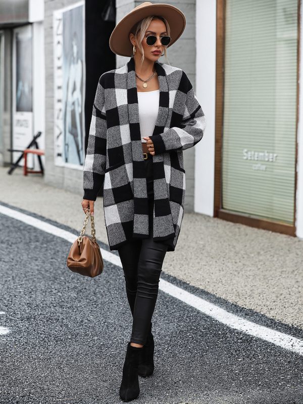 Women’s Loose Plaid Color Stitching Knitted Cardigan Sweater - Image 10