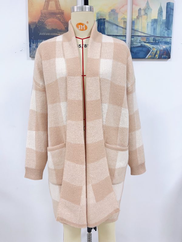 Women’s Loose Plaid Color Stitching Knitted Cardigan Sweater - Image 11