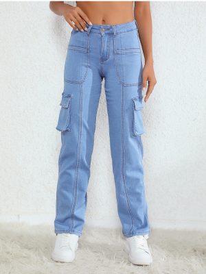 High-Waist Straight-Leg Workwear Jeans with Big Pockets