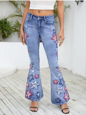 Wide-Leg Denim Bell Bottom Pants with Embroidered Patch