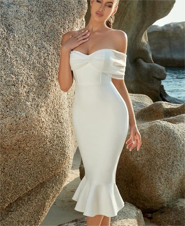 Off-Shoulder Elegant Solid Color Sheath Dress - Image 2