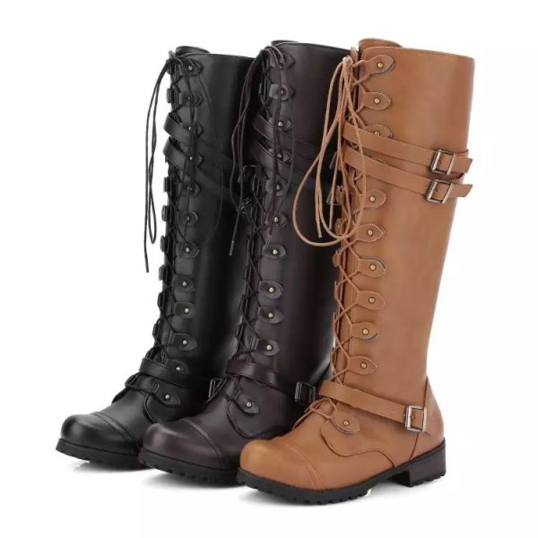 Women's Tall Leather Boots with Buckle and Rivets - Image 4