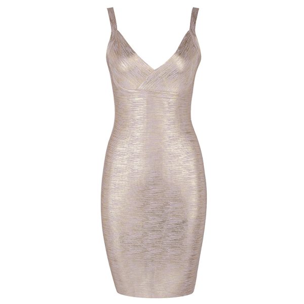 Gold V-Neck Bandage One-Piece Evening Dress for Women - Image 5