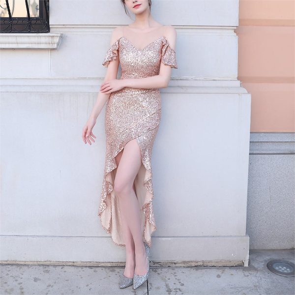 Short Front Long Back Sequin Formal Prom Evening Dress