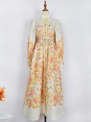 Women’s Elegant Long-Sleeved Printed Dress with Belt