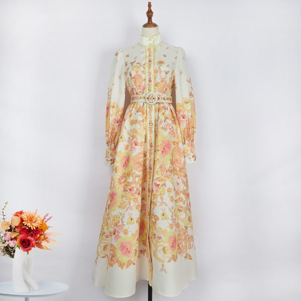 Women's Elegant Long-Sleeved Printed Dress with Belt