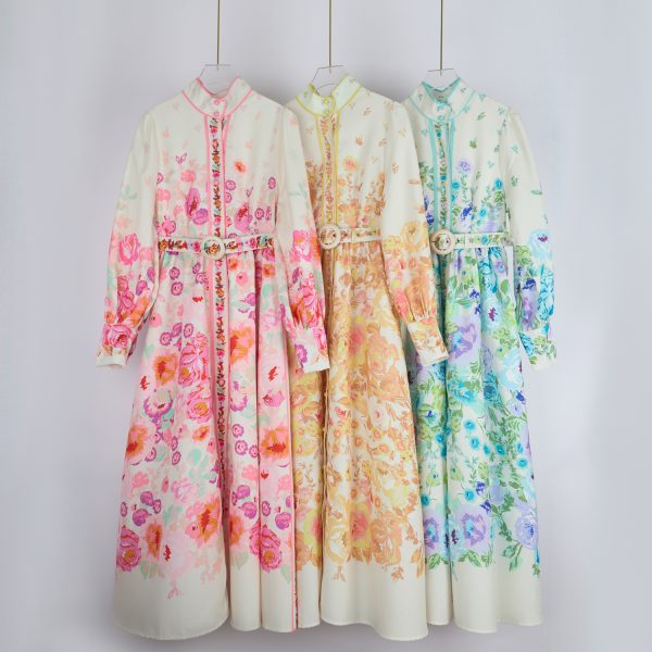 Women's Elegant Long-Sleeved Printed Dress with Belt - Image 4