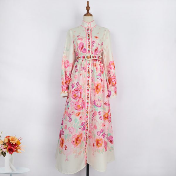 Women's Elegant Long-Sleeved Printed Dress with Belt - Image 11