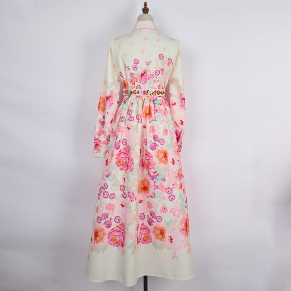 Women's Elegant Long-Sleeved Printed Dress with Belt - Image 12