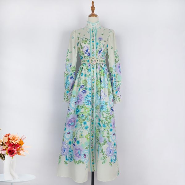 Women's Elegant Long-Sleeved Printed Dress with Belt - Image 13