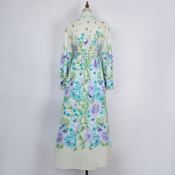 Women's Elegant Long-Sleeved Printed Dress with Belt - Image 14