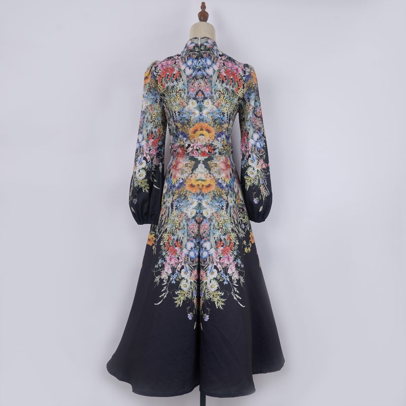 Positioning Printed Single-Breasted Stand Collar Long Sleeve Dress - Image 7