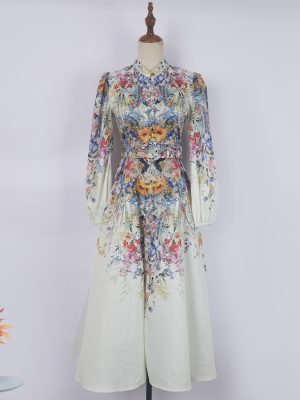 Positioning Printed Single-Breasted Stand Collar Long Sleeve Dress