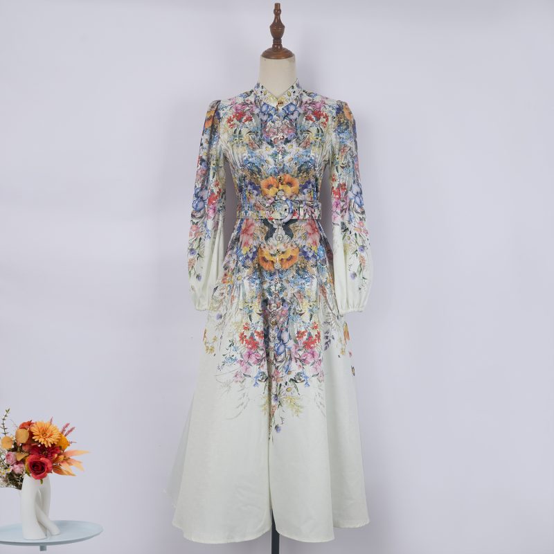 Positioning Printed Single-Breasted Stand Collar Long Sleeve Dress