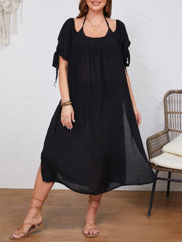 Plus Size Pure Black Off-Shoulder Loose Side Slit Dress