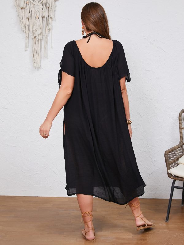 Plus Size Pure Black Off-Shoulder Loose Side Slit Dress - Image 2