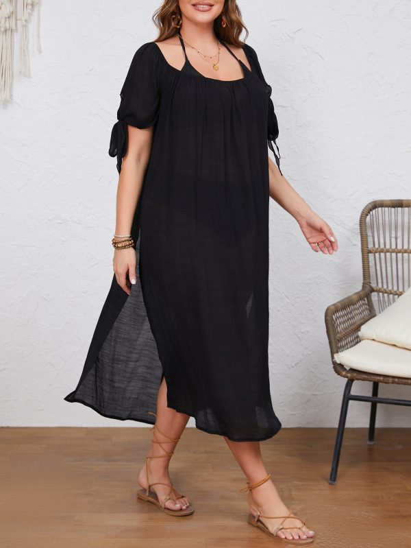 Plus Size Pure Black Off-Shoulder Loose Side Slit Dress - Image 3