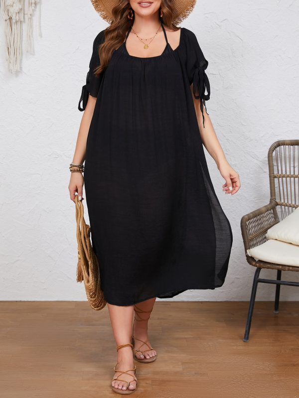 Plus Size Pure Black Off-Shoulder Loose Side Slit Dress - Image 4