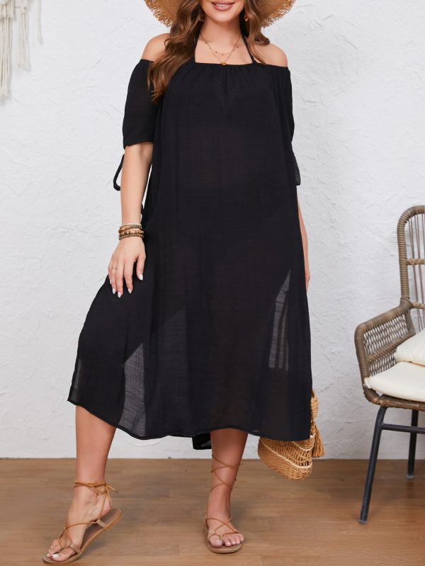 Plus Size Pure Black Off-Shoulder Loose Side Slit Dress - Image 5