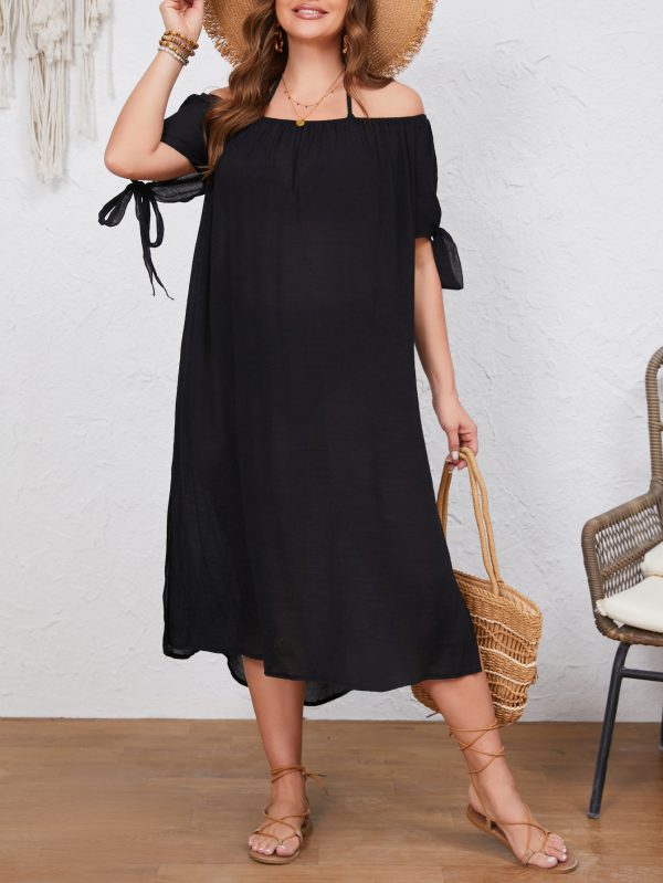 Plus Size Pure Black Off-Shoulder Loose Side Slit Dress - Image 6