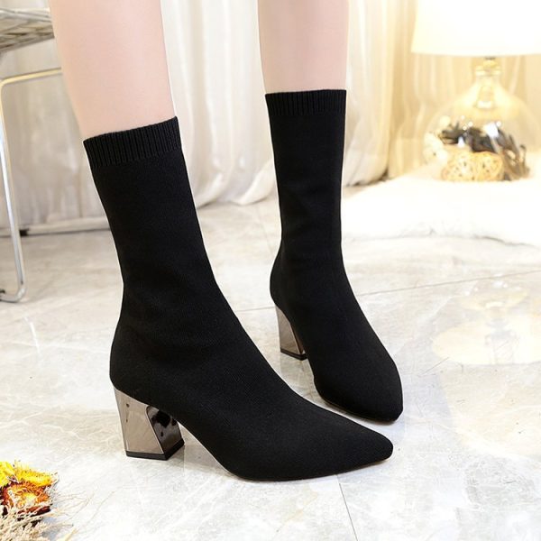 Fleece Breathable Ankle Boots with Pointed Chunky Heel - Image 2