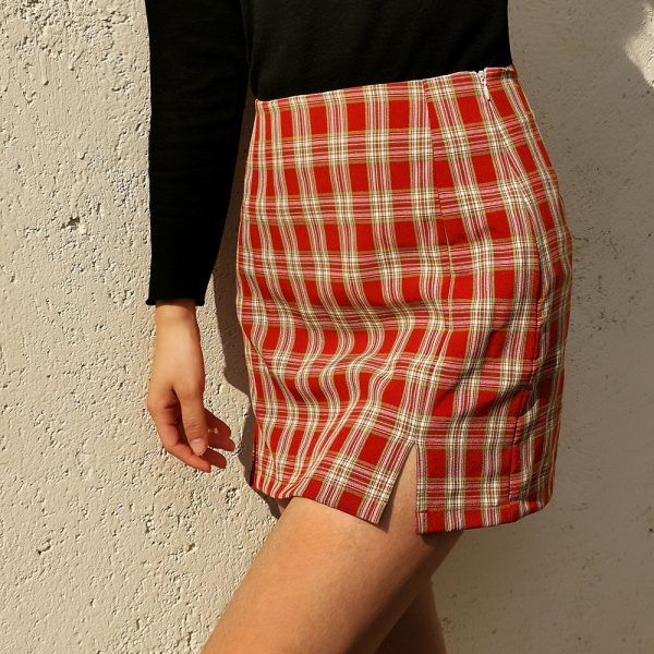 Women’s High-Waist Plaid Split Skirt