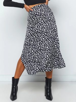 Spring Summer Leopard Print Chiffon Floral High-Waist Midi Skirt