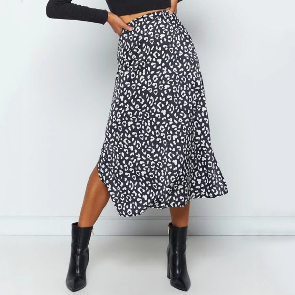 Spring Summer Leopard Print Chiffon Floral High-Waist Midi Skirt