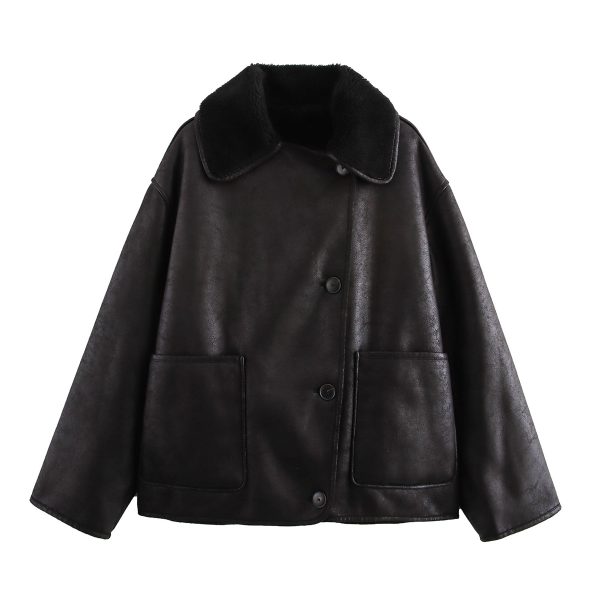 Women’s Brown Coffee Retro Faux Shearling Loose Coat - Image 2